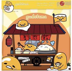 an advertisement for gudetama with cartoon characters in front of the food stand and other items