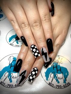 This girl is all ready for prom🖤🤍  #blacknails #whitenails #lightningboltnails #checkerednails #milkywhitenails #promnails #nailart #naildesigns #nailinsporation #nailaddict #acrylicnails #gelnails #gelpolish #nailsofinstagram  #utahnailtech #doublehnails #utahnails  #nailsoftheday #nailfeed #fyp #foryoupage Lightening Bolt Nail Design Black, Mechanic Nails, Race Nails Designs, Supercross Nails, Nfr Nails, Vans Nails, Bolt Nails, Lightning Bolt Nails, Regular Nails