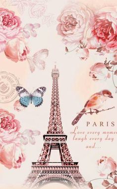 the eiffel tower is surrounded by pink roses and butterflies, as well as a blue butterfly