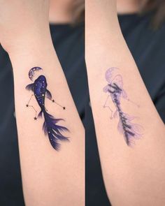 two tattoos on the arms of women with fish and stars