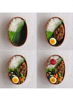 four bowls with rice, eggs and vegetables in them