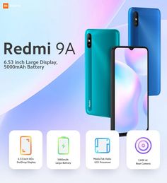 the new redmi 9a smartphone is displayed in three different colors and features icons