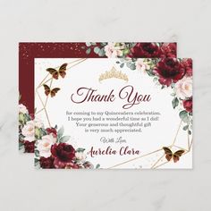 a thank card with red flowers and gold foil on the front, in burgundy tones