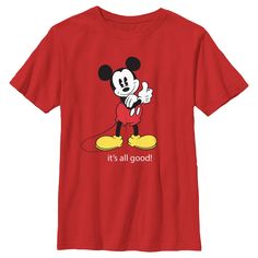 Who knew that dressing "mousey" could be so cute!? Celebrate Walt Disney's most iconic character with this officially licensed Disney Mickey & Friends It’s All Good Boys' Graphic T-Shirt! This classic tee features retro Mickey Mouse posing with thumps up and the text: "It's all good," across the front. Whether you're a super fan, or just looking for a unique 'fit for a trip to the Disney parks, these all-new styles are exactly what you've been looking for! Mickey Mouse Crew Neck T-shirt For Disney Events, Playful Red T-shirt With Character Print, Playful Red Mickey Mouse Top, Pop Culture Mickey Mouse Tops For Disney Fan Events, Mickey Mouse Disney T-shirt For Fan Events, Disney Mickey Mouse T-shirt For Fan Events, Fun Red Minnie Mouse T-shirt, Red Minnie Mouse Tops For Disney Fan Events, Red Minnie Mouse Top For Disney Fan Events