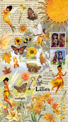 a collage of pictures with flowers, butterflies and sunflowers on it's side