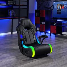 a gaming chair sitting in front of a tv