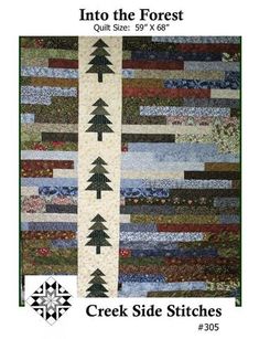 the cover of into the forest quilt size guide, featuring three trees on each side