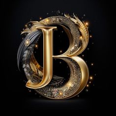 the letter b is made up of gold and black feathers, surrounded by sparkling lights