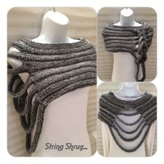 three pictures of a woman's shawl with multiple chains on the front and back