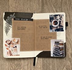 an open scrapbook with pictures and words on it, sitting on a wooden table