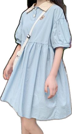 Kawaii Long Sleeve Summer Dress, Casual Mini Dress For School In Spring, Kawaii Mini Dress With Short Sleeves For Summer, Cute Blue Short Sleeve Mini Dress, Summer School Mini Dress, Spring Mini Dress For School, Cute Solid Color Cotton Mini Dress, Cute Blue School Dress, Cute Blue Dress For School