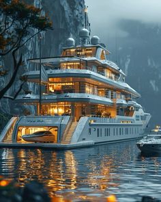 a large white boat floating on top of a body of water next to a mountain