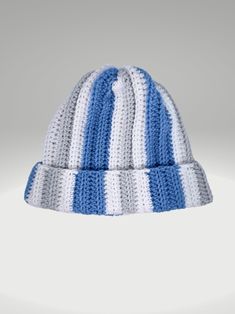 a blue and white striped knitted hat