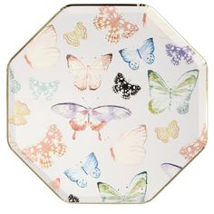 a white plate with colorful butterflies on it