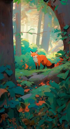 a painting of a fox standing in the middle of a forest with trees and leaves