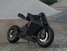 a futuristic motorcycle is parked in front of piles of gravel