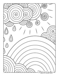 a coloring page with an image of a rainbow in the sky and clouds above it