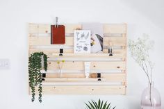 some plants are sitting on a wooden shelf