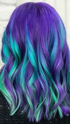 Multi Color Hair Dye Techniques, Teal And Purple Hair, Peacock Hair Color, Purple And Green Hair, Mermaid Hair Color, Pulp Riot Hair Color, Galaxy Hair, Peekaboo Hair, Vivid Hair Color