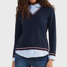 Nwt // Never Worn Before Tommy Hilfiger Women's Sweater. To Achieve That Layered Look Without The Additional Bulk, We Polished Up Our Soft Cozy Sweater With A Collar, Cuff And Hem Shirting Finish. - Size: M (Standard Women's Usa Sizing) - Color: Sky Captain - Regular Fit - 100% Cotton - Style #: Tg001737 Please Refer To Pictures And Ask Questions Preppy Winter Workwear Top, Preppy Blue V-neck Top, Blue V-neck Preppy Tops, Tommy Hilfiger V-neck Winter Top, Tommy Hilfiger Navy Sporty Tops, Tommy Hilfiger Blue Top For Workwear, Tommy Hilfiger Blue Top For Work, Tommy Hilfiger Navy Winter Tops, Tommy Hilfiger Tops For Office In Fall