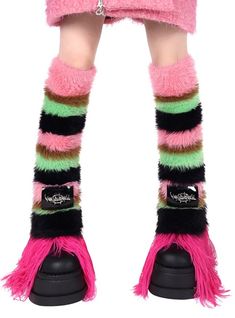 Playful leg warmers featuring wide horizontal stripes in pink, green, and black fuzzy fabric. Extra-long design extends from ankle to thigh. Contrasting black band with brand logo adds a sporty touch. Perfect for dance classes, 80s-themed parties, or adding a quirky accent to casual winter outfits. Material Info100% nylon Model info Height: 160cm Weight: 43kg Wearing size: F Fuzzy Leg Warmers, Dance Classes, Leg Sleeves, Candy Stripes, Horizontal Stripes, Fashion Gallery, Casual Winter Outfits, Winter Casual, Color Stripes