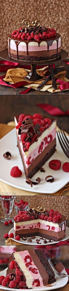 three different pictures of desserts with chocolate and raspberry toppings