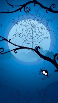 a spider web hanging from a tree branch in front of a full moon with bats