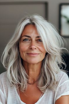 24 Best Medium Length Hairstyles for Women Over 50 in 2024 – CreativeBooster Stylish Grey Hair Women, Medium Length Grey Hair Styles Over 50, Grey Hair Lob, Layered Fine Hair, Scandinavian Hairline, Hairstyle For Women Over 50, Grey Hair Model, Medium Length Hairstyles For Women, Medium Length Hairstyle