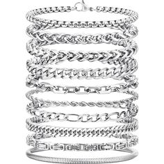 PRICES MAY VARY. 10 Classic Designs in 1 Set : This stackable bracelets consists of a 10 style chain bracelets. Including rope chain, paperclip chain, figaro chain, snakle chain and cuban link chain bracelets. You have a choice how you wear them for your everyday,they look great stacked together or individually, bold and elegant enough to suit all styles of clothing. Also economical choice for you. Ideal Dimensions: Bracelet total length 9 Inches,FIT FOR THE WRIST SIZE OF 7.7-8.5 Inches, these b Mens Chain Bracelet, Trendy Bracelets, Chain Bracelets, Wrist Band, Figaro Chain, Silver Chain Bracelet, Unisex Bracelets, Stackable Bracelets, Jewelry Images