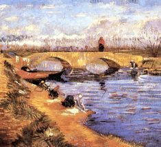 a painting of people sitting on the bank of a river near a bridge with boats in it