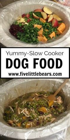 there are two pictures with the words yummy - slow cooker dog food in it