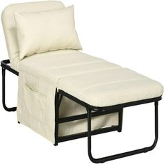 a white chair with a black frame and pillows on it's backrests