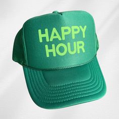 Be bold and make a statement with your style wearing the Happy Hour Trucker Hat. This fun foam trucker hat features a stylish monochrome design and breathable mesh back. An ideal accessory to express your personality and make a statement. Get ready for happy hour! Summer Mesh 5-panel Trucker Hat, Green Trucker Hat With Letter Print For Summer, Summer Green Trucker Hat With Letter Print, Green Summer Trucker Hat With Letter Print, Green Summer Trucker Hat With Flat Brim, Summer Trucker Hat For Streetwear, Summer 5-panel Mesh Snapback Hat, Trendy Mesh Trucker Hat With Adjustable Fit, Green Flat Brim Trucker Hat For Summer