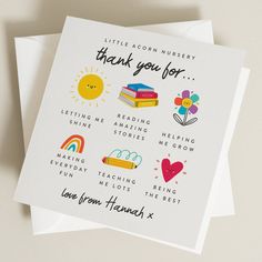 a greeting card with the words thank you for and images of books, rainbows, flowers, hearts, and sun