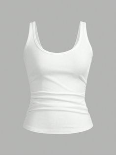 Casual All-Match White Cami Top With Deep U-Neck And Racerback White Casual   Fabric Plain Tank High Stretch  Women Clothing, size features are:Bust: ,Length: ,Sleeve Length: Racer Back Tank Tops, White Tank Tops For Women, Tank Tops White, White Top Y2k, Clothing White Background, Shein White Top, White Cropped Tank Top, White Tank Tops, White Shirt Aesthetic