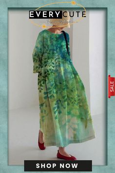 Women's Loose Printed Dress Green Shift Dress For Fall, Green Long Sleeve Shift Midi Dress, Flowy Green Dresses For Fall, Green Shift Maxi Dress, Green Vacation Dress For Fall, Green Vacation Dresses For Fall, Green Dress For Fall Vacation, Green Fall Vacation Dress, Green Summer Shift Dress