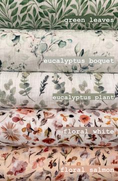 four different types of fabric with flowers and leaves on them