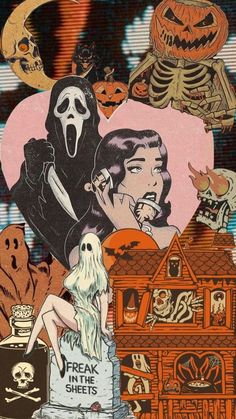 a collage of halloween images with ghost, pumpkins, and skeletons in the background