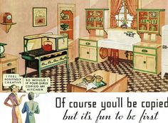 an old advertisement from the 1950's shows a woman in a kitchen with green cabinets