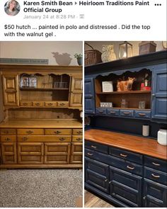 an old dresser has been painted blue and is being used as a dining room hutch