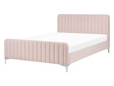 a pink bed with white legs and headboard