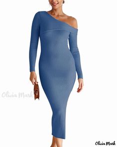 OliviaMark - Premium Knit Off-Shoulder Sweater Dress with Elegant Long Sleeves and Split Design Woman Sleeve, Luxurious Wardrobe, Split Sweater, Round Neck Casual Dress, Wrap Around Skirt, Cardigan Sweater Dress, Solid Color Dress, Off Shoulder Sweater, Round Neck Dresses