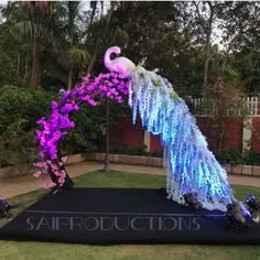 a purple and white peacock is on top of a black mat with flowers in it