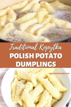 traditional kopifea polish potato dumplings in a skillet with text overlay