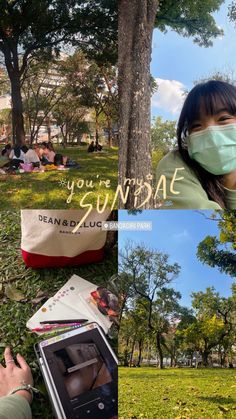 a woman wearing a face mask sitting in the grass