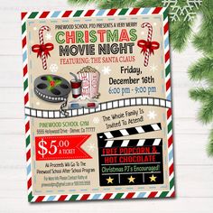 a christmas movie night flyer with candy canes and presents on the table next to it