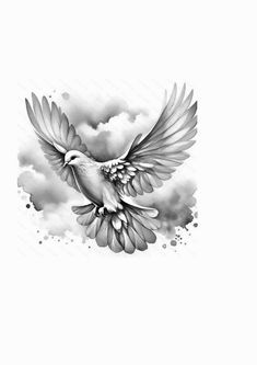 a black and white drawing of a bird flying in the sky