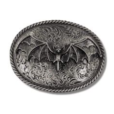 Bat Oval Belt Buckle:      Made in the USA by Mobtown Chicago.  Hand cast, heavy duty, pewter belt buckle.  Resin Color.  Fits standard 1-3/4 inch removable belt buckle belts or smaller. Oval Belt, Vampire Skull, Motorcycle Jacket Mens, Color Fits, Black Snapback, Steampunk Necklace, Halloween Stuff, Silver Logo, Leather Motorcycle Jacket