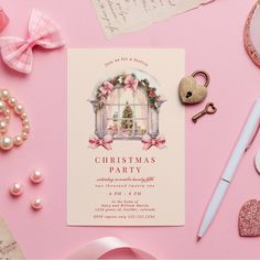 a pink christmas party card surrounded by other items