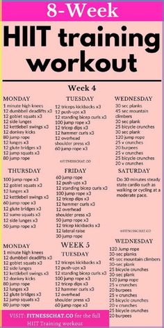 the 8 - week hiit training workout is shown in pink and yellow with black lettering